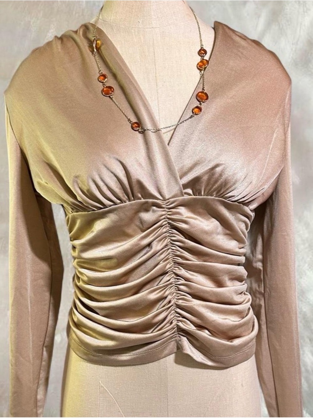 Champagne Gold Ruched Satin Long-Sleeve Top